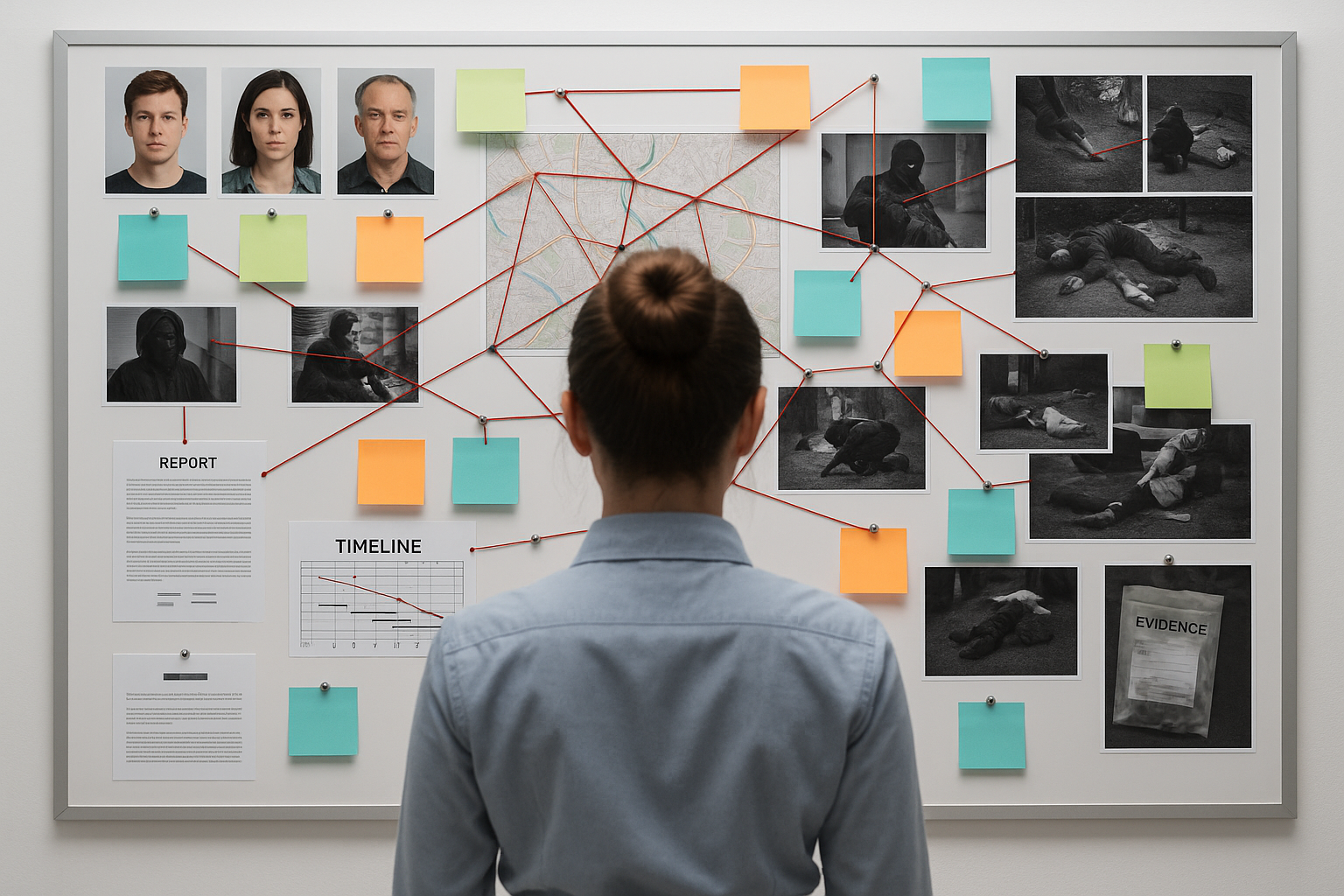 An investigator studying a linked evidence board of photographs, notes and timelines